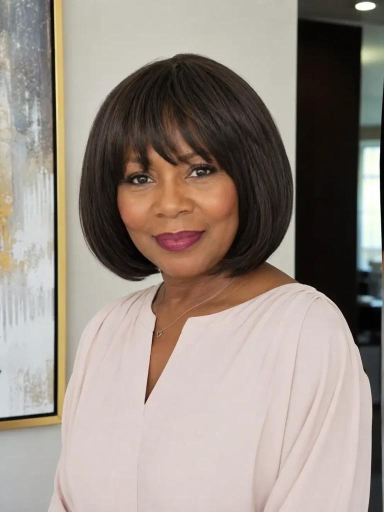real Black woman aged 35–55 with a sleek rounded bob haircut and curved bangs, dark brown hair, natural makeup