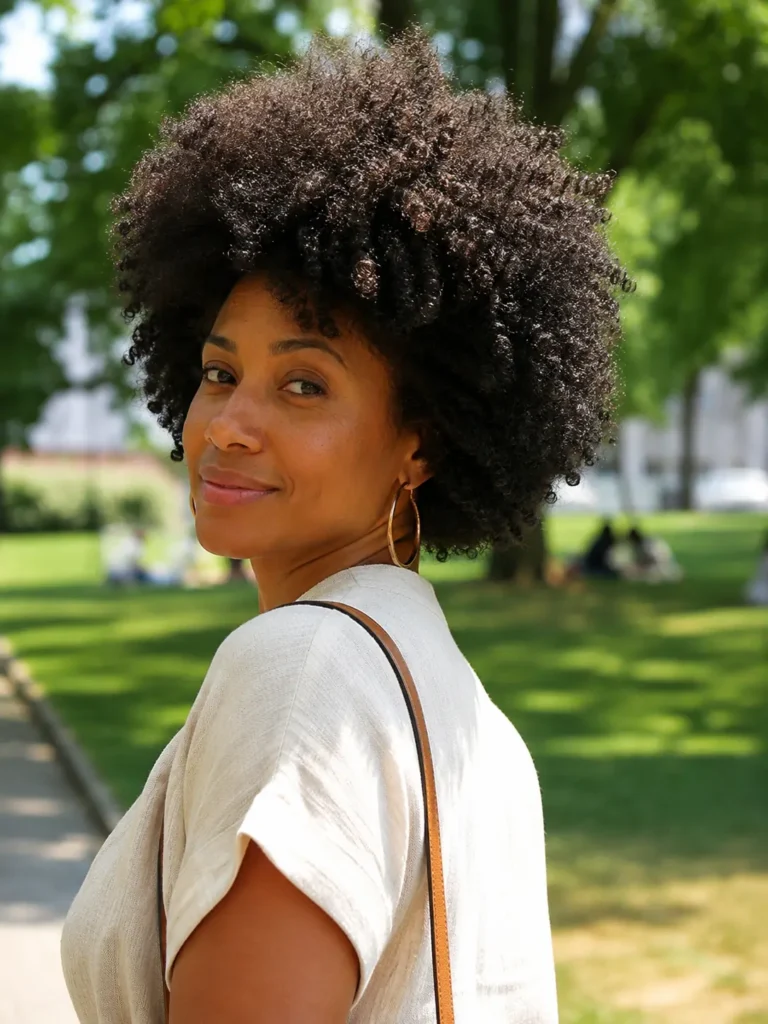 Black woman aged 25–50 with a rounded curly afro hairstyle featuring voluminous natural curls. She is standing in a sunlit outdoor park, wearing an elegant casual cream-colored outfit
