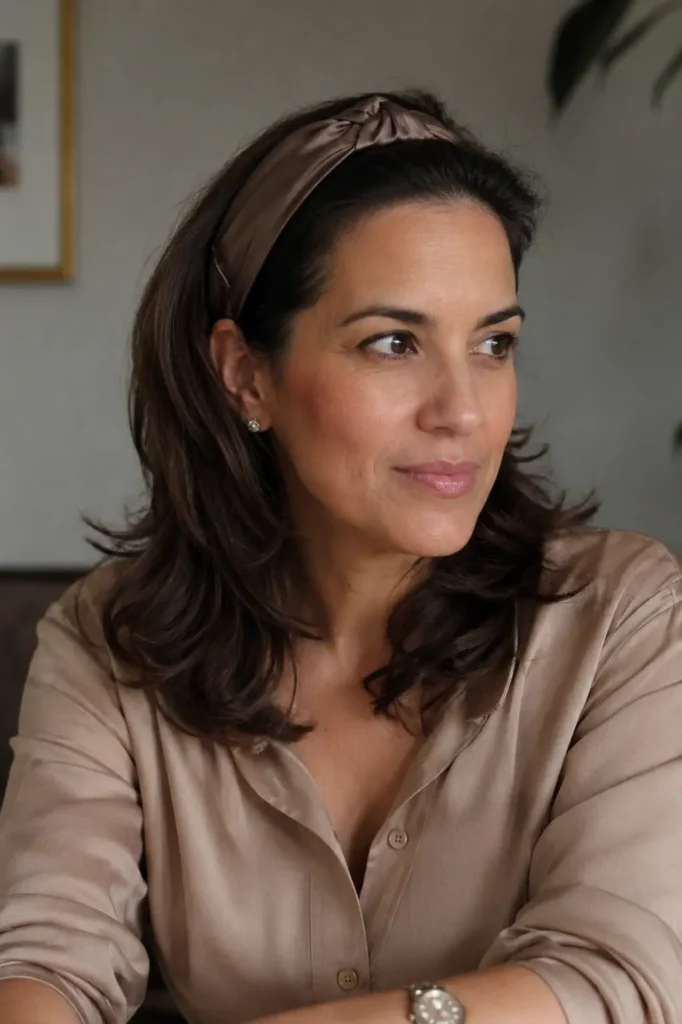 Real woman with shoulder-length layered brunette hair styled with a satin headband, wearing an elegant everyday blouse
