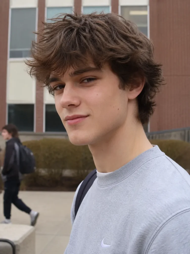 **Alt text:** Teen boy with a shaggy layered haircut and tousled medium-length brown hair standing on a school campus, wearing a light gray sweatshirt in natural daylight.