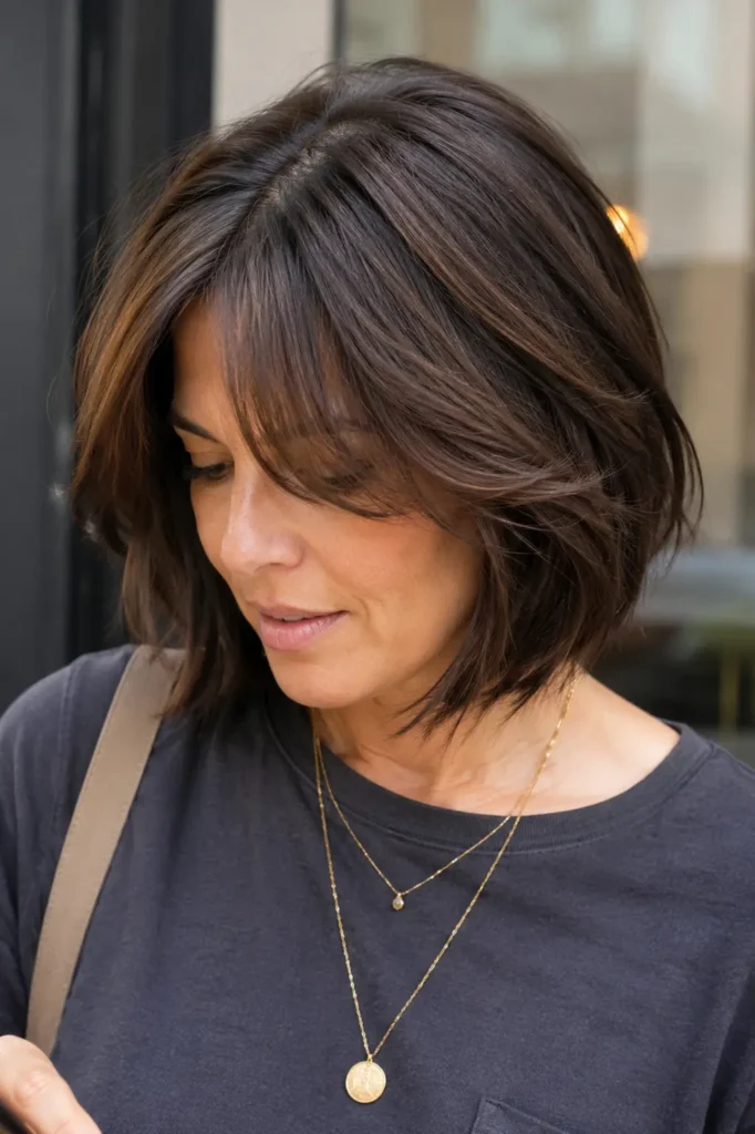 woman over 40 with a short brunette bob haircut and soft curtain bangs, featuring face-framing layers and natural shine