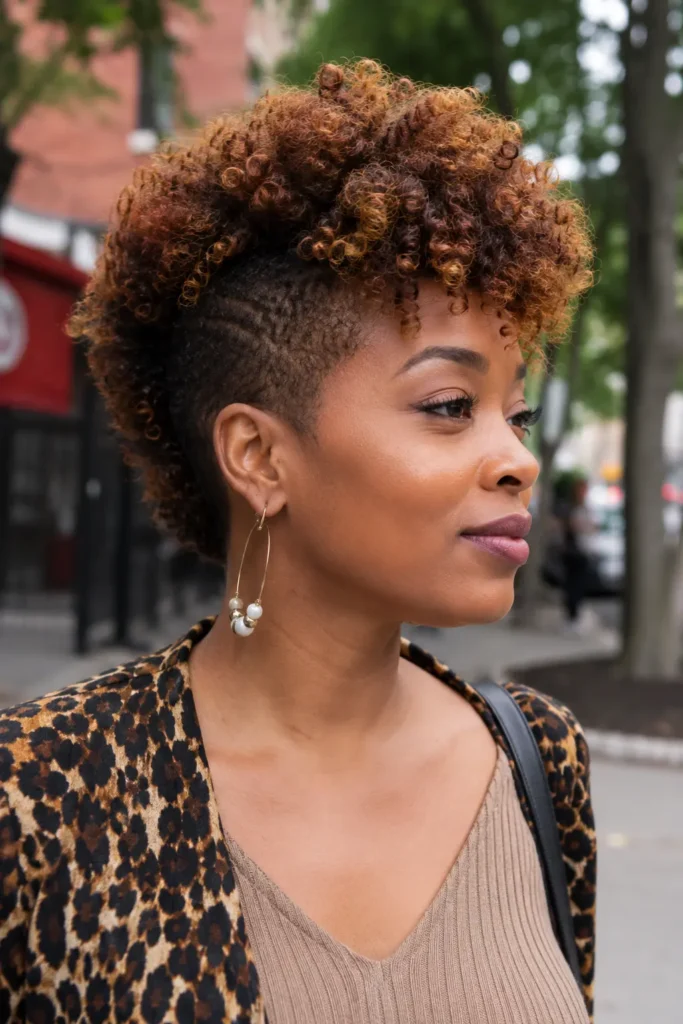 a real Black woman with a short curly frohawk hairstyle featuring voluminous, textured natural curls and closely tapered sides. She is wearing a trendy outfit and standing in an urban outdoor setting with a softly blurred city background