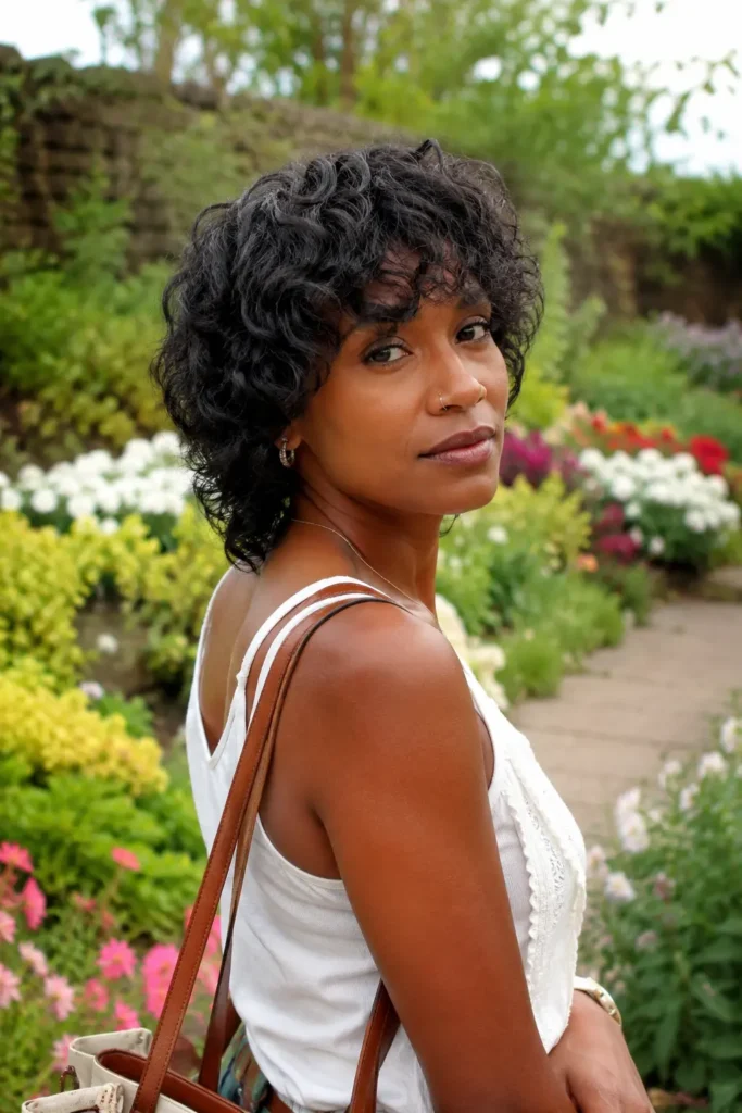 Black woman with a short curly shag haircut featuring layered natural curls, standing in a colorful outdoor floral garden. She wears a casual trendy outfit and looks over her shoulder toward the camera