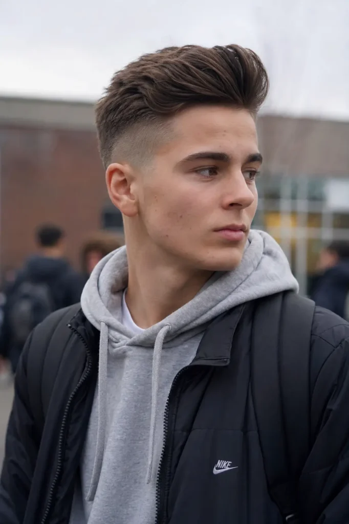 teenage boy with a short pompadour fade haircut, featuring lifted volume on top and faded sides, wearing a gray hoodie and black jacket outdoors on a school campus