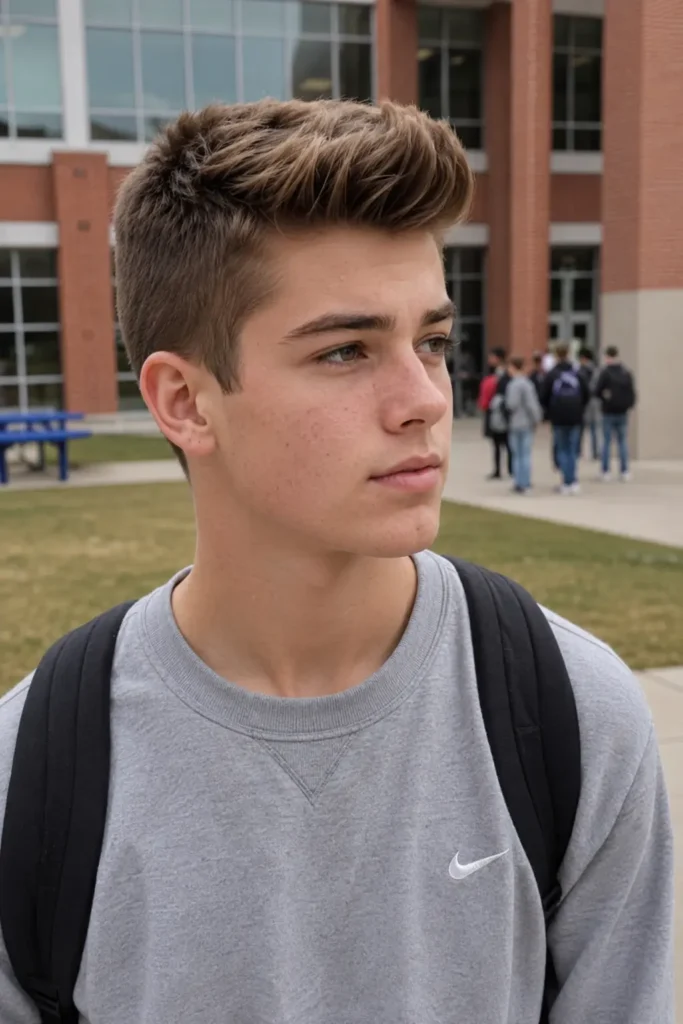 teenage boy with a short quiff haircut and tapered sides, standing on a school campus in natural daylight, wearing a casual gray sweatshirt with the hairstyle clearly visible