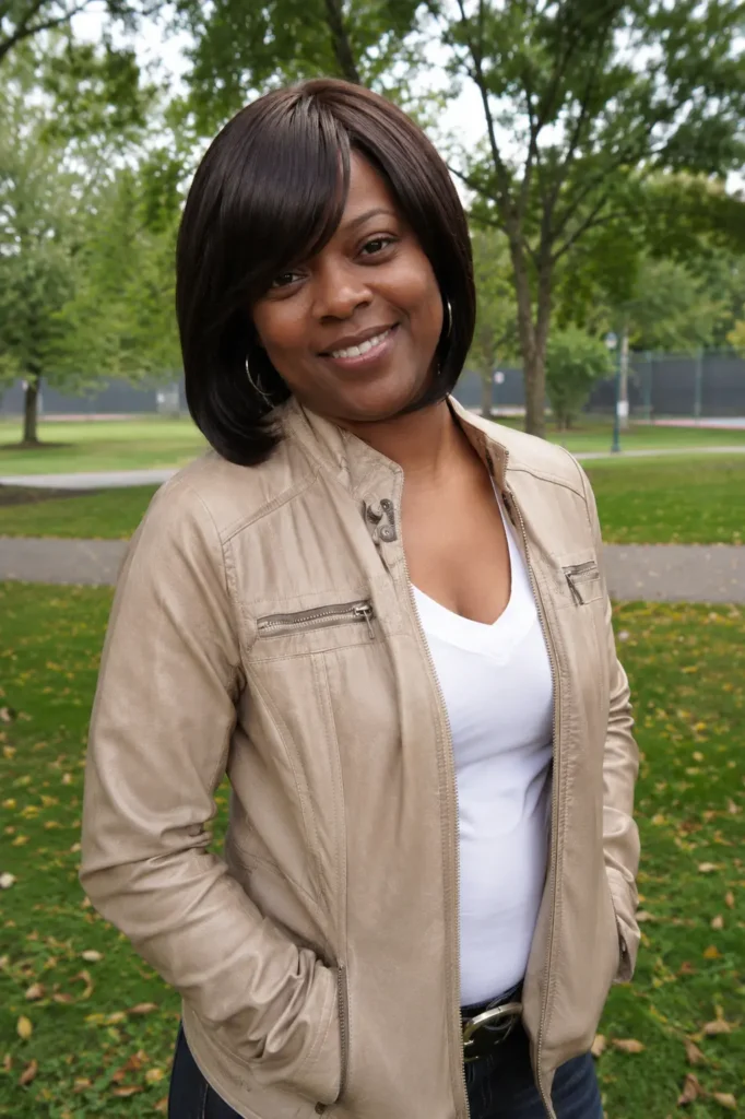 Black woman with a shoulder-length bob haircut and side-swept bangs, featuring glossy dark brunette hair. She is smiling naturally in an outdoor park setting