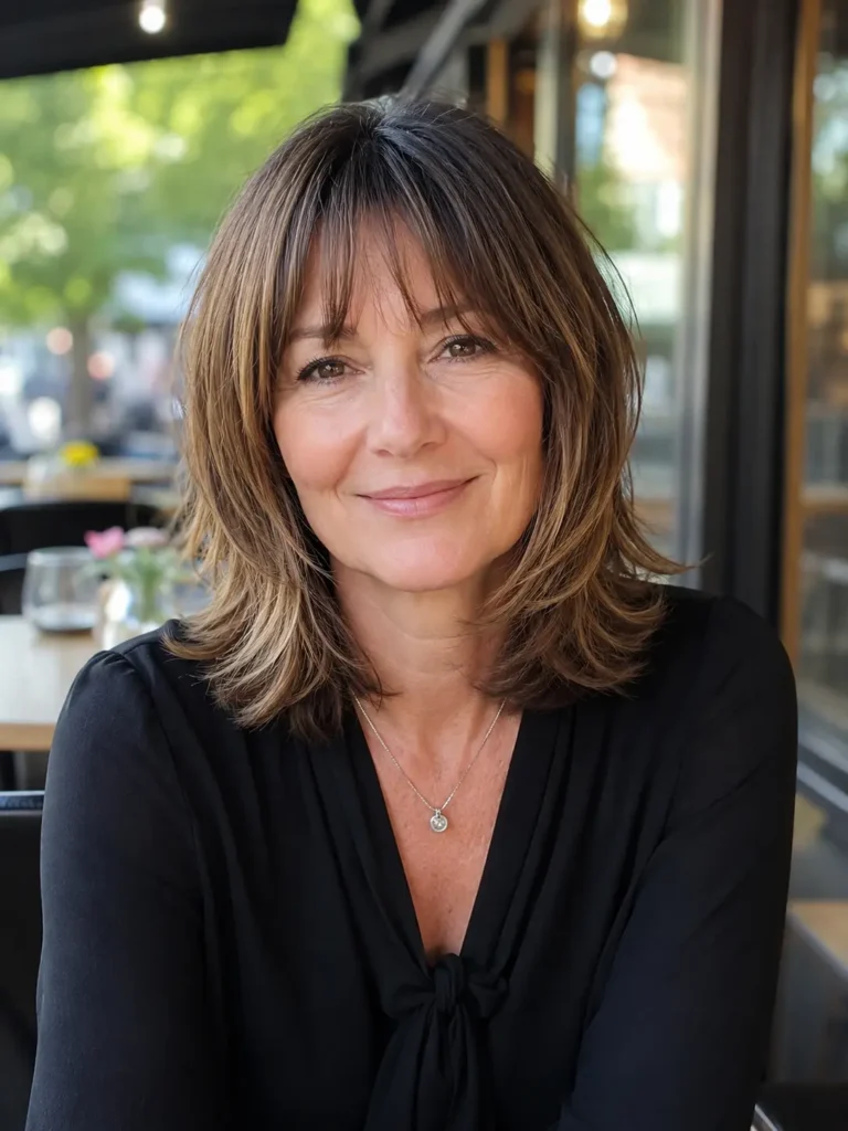 Close-up portrait of a woman in her 40s with a shoulder-length layered hairstyle and wispy bangs, showcasing soft texture, natural movement, and face-framing layers. She wears a modest black blouse while seated at an outdoor café in natural daylight