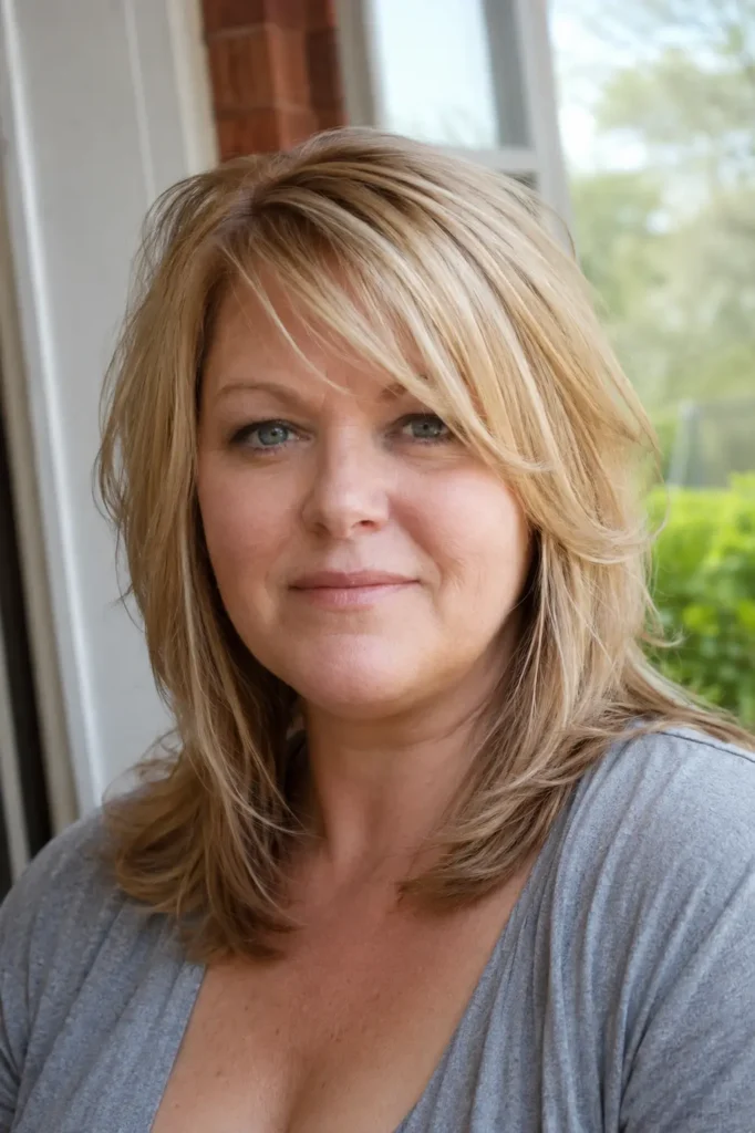 Portrait of a plus-size English woman with shoulder-length layered light honey blonde hair and side-swept bangs