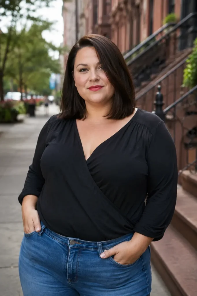 Plus-size woman with a shoulder-length dark brown lob haircut and deep side part, standing on a city sidewalk in natural daylight. She wears a stylish black wrap-style top and blue jeans, with realistic skin texture and a confident expression
