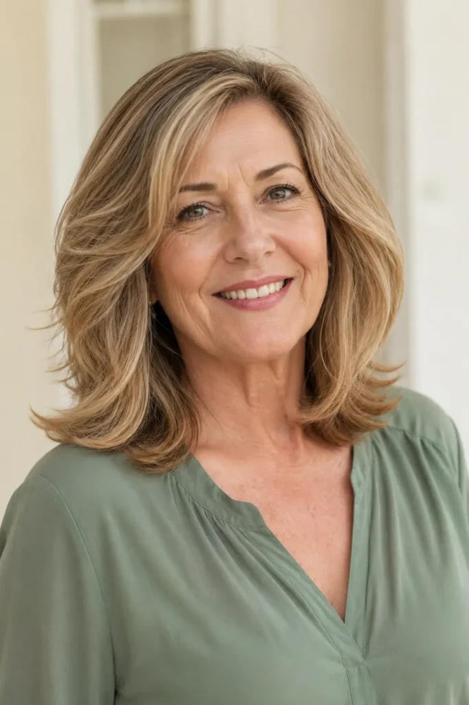 real English woman in her late 50s with a shoulder-length soft blowout hairstyle featuring voluminous layers, feathered ends, and healthy glossy shine. She wears a modest sage-green blouse