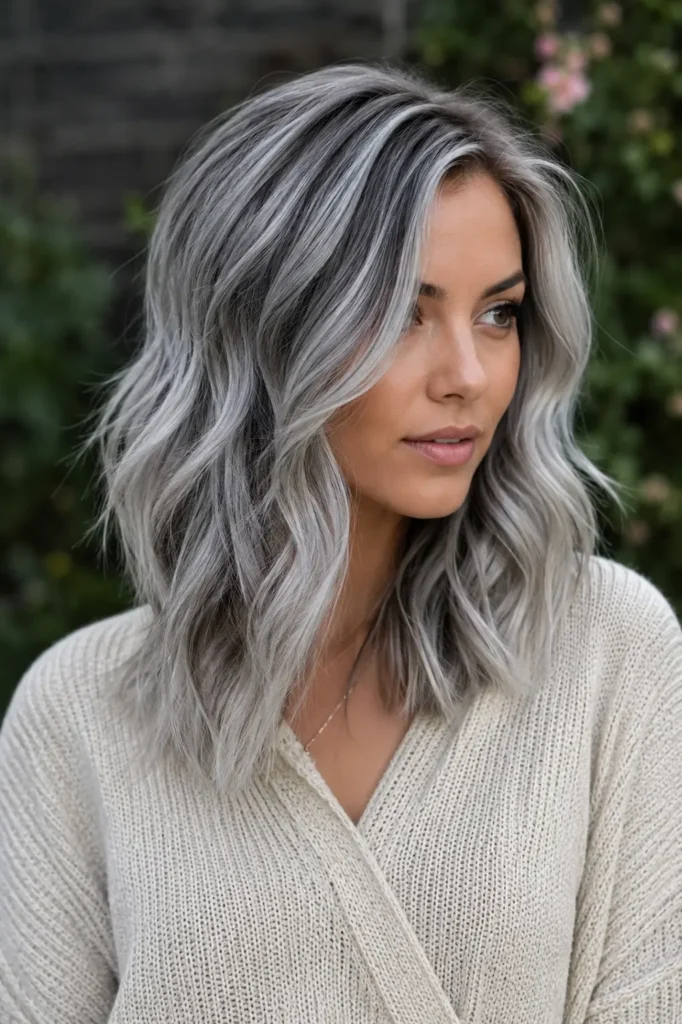 Young woman with a shoulder-length wavy hairstyle featuring dimensional silver highlights, photographed outdoors in a garden