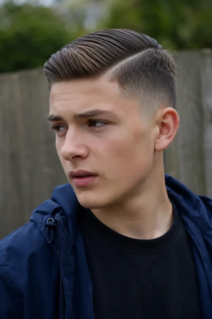 Alt text: Real teenage boy with a neat side part fade haircut and combed-over top, wearing a dark jacket outdoors in natural daylight, showcasing a clean and stylish school-ready hairstyle