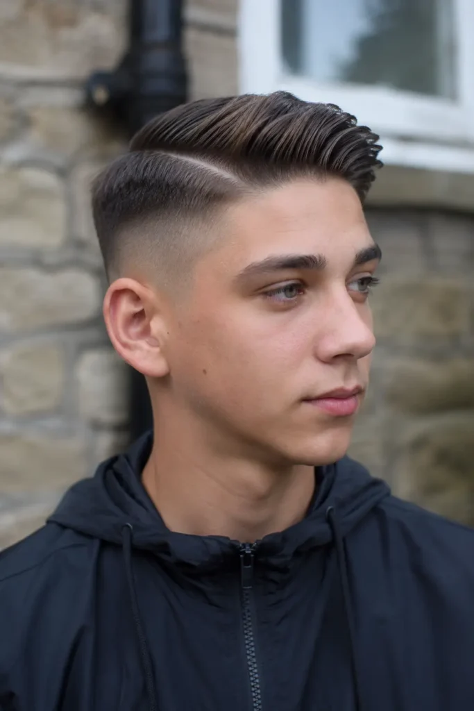 teenage boy with a side part fade haircut, neatly combed hair on top and smoothly faded sides, wearing a dark casual jacket
