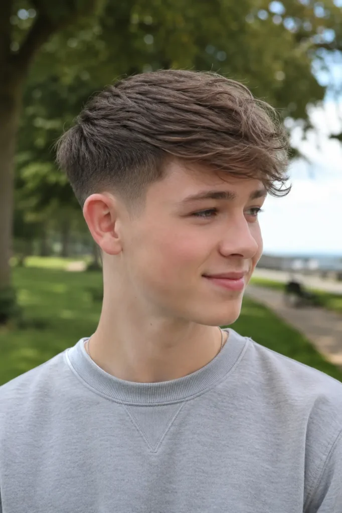 Teen boy with a side-swept short haircut and textured top, wearing a gray sweatshirt in a sunlit park, showcasing neatly tapered sides and natural hair texture.