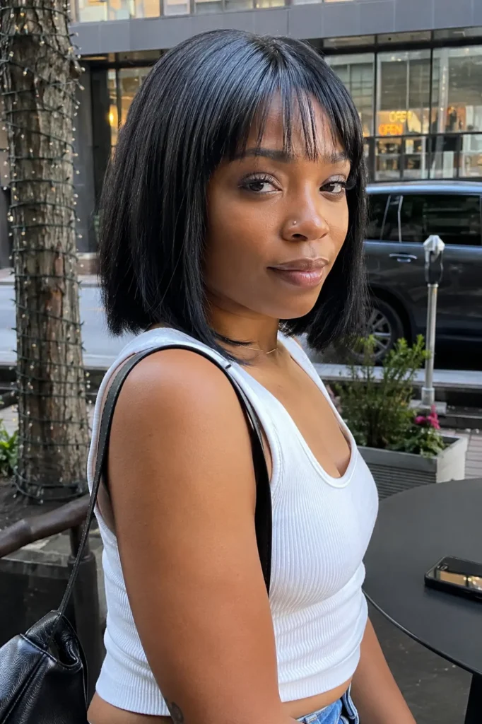 Black woman with a sleek chin-length bob haircut and baby bangs, featuring glossy jet-black hair and natural skin texture, photographed outdoors in an urban setting