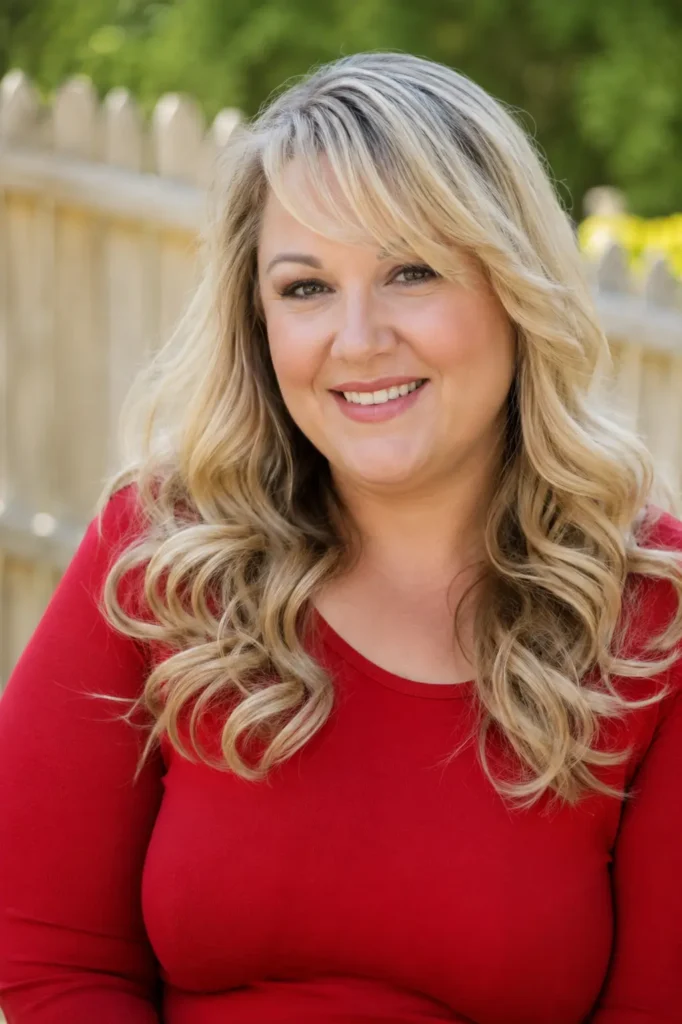 Plus-size English woman with champagne blonde hair styled in soft glossy curls and side-swept bangs, wearing a red long-sleeve top