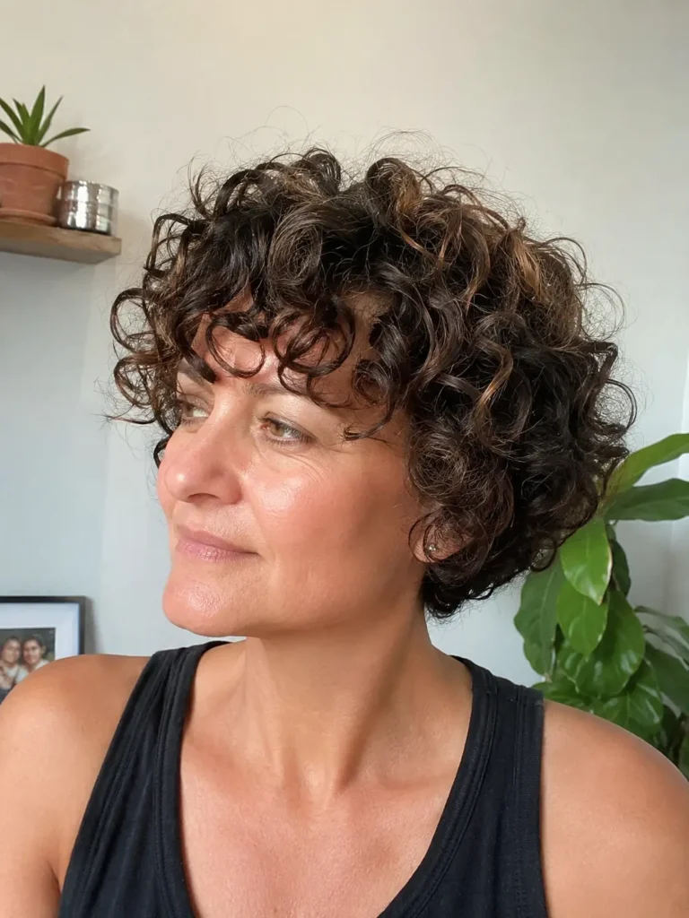 Close-up portrait of a real woman over 40 with a soft curly crop hairstyle, featuring naturally defined brunette curls, detailed curl texture, and voluminous shape