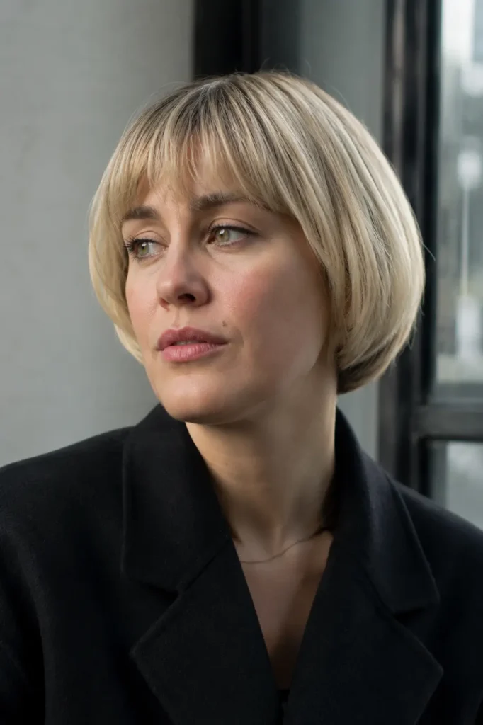 Real English woman with an oval face and soft modern bowl haircut, light blonde hair, natural skin texture, and a stylish short hairstyle in a realistic portrait.
