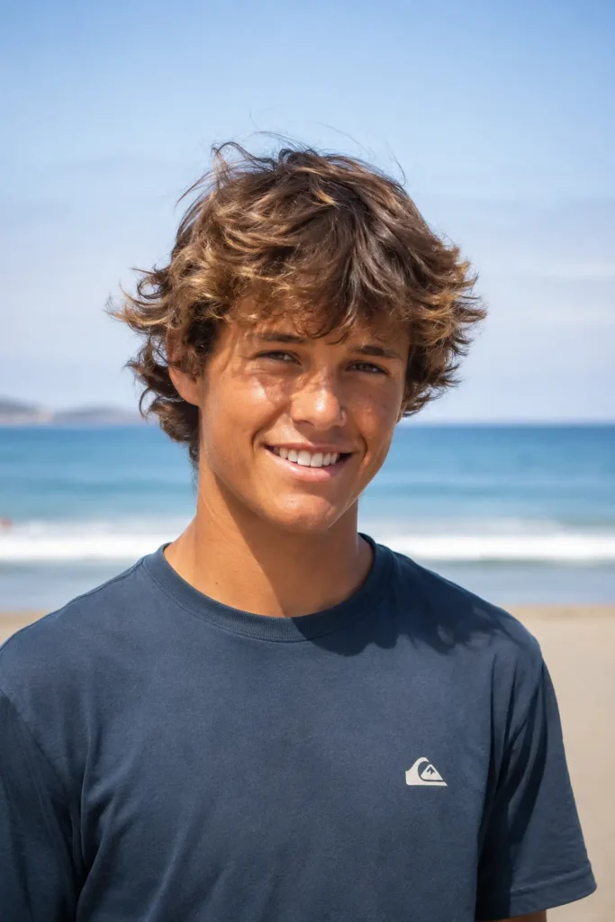 **Alt text:** Teen boy with a surfer haircut and medium-length wavy hair standing on a sunny beach, wearing a navy blue t-shirt, with natural beach-textured waves and layered movement visible in the hairstyle.