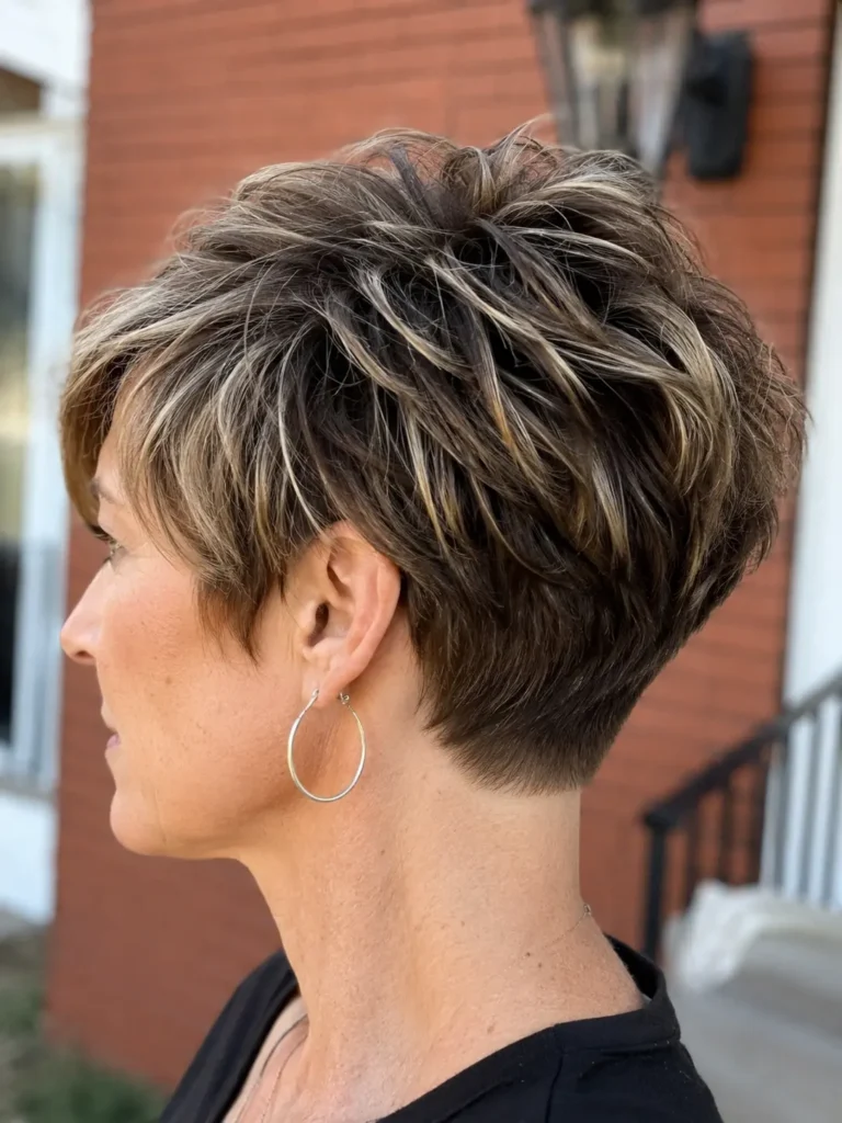 woman over 40 with a tapered pixie haircut featuring textured crown volume, soft brunette highlights, and a clean tapered neckline, shown in a close-up outdoor portrait with natural hair texture and modern short hairstyle inspiration.