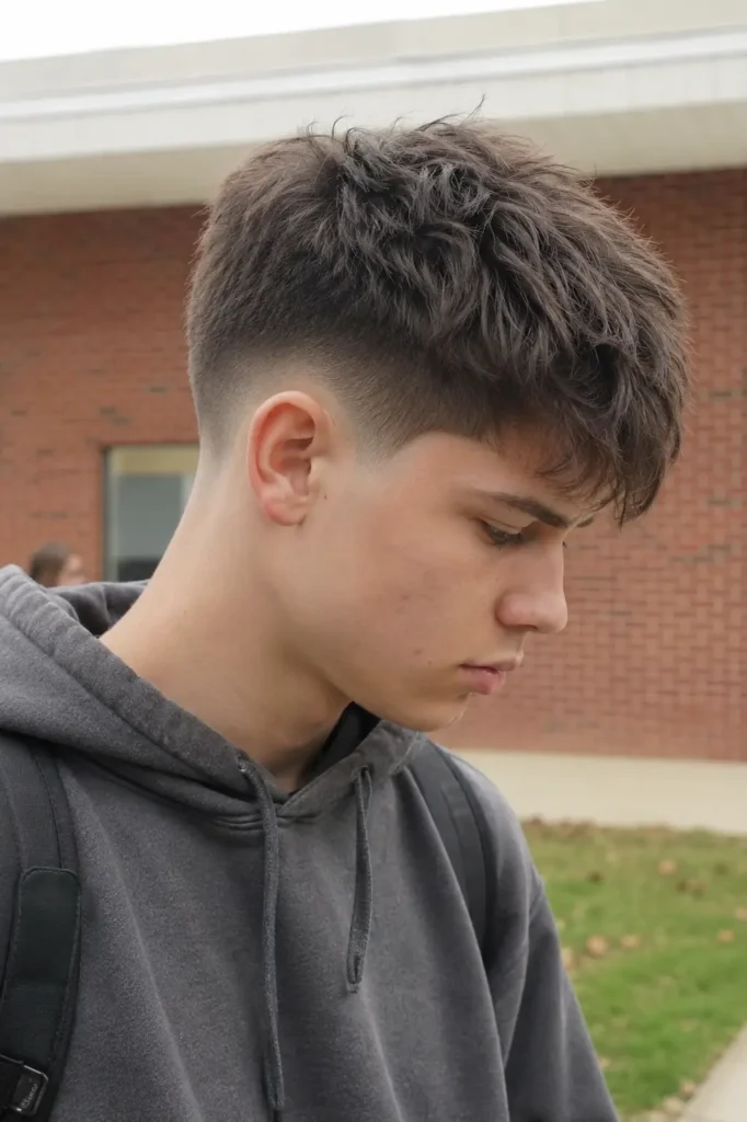 eenage boy with a textured crop fade haircut featuring short faded sides and a layered textured top, wearing a gray hoodie outdoors near a school building