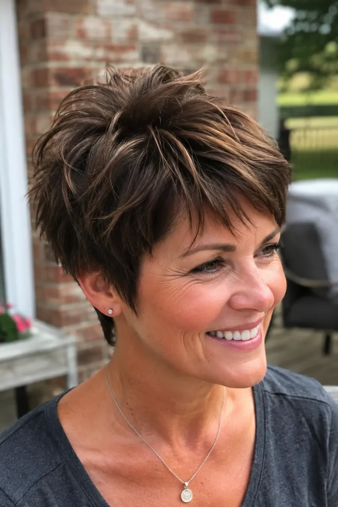 Textured pixie cut hairstyle for women over 40 with choppy layers, natural volume, and soft brunette highlights, shown in a close-up portrait with realistic hair texture and a modern, youthful look.
