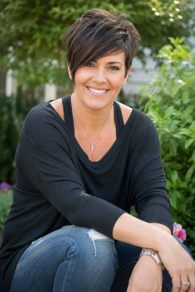 woman with a textured pixie haircut and long side-swept bangs in rich brunette hair, smiling outdoors in a lush garden setting. She wears a casual chic black top and jeans