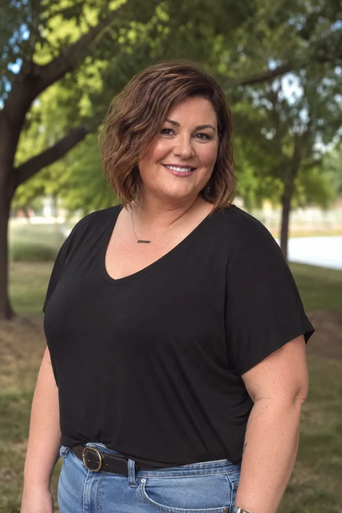 plus size woman with a textured shoulder-length haircut and medium brown hair smiling outdoors in a park. She wears a casual chic black top and jeans