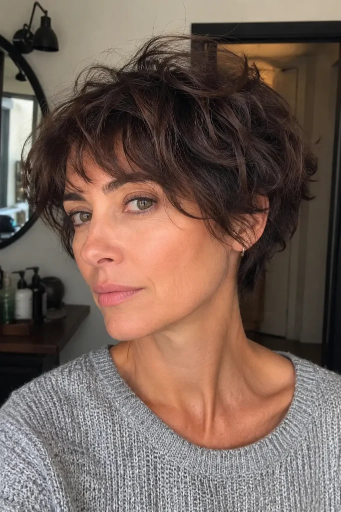 woman over 40 with a tousled crop haircut featuring textured layers and natural volume, rich brunette hair with realistic shine, close-up portrait in a casual lifestyle setting, detailed hair texture emphasized, natural daylight,