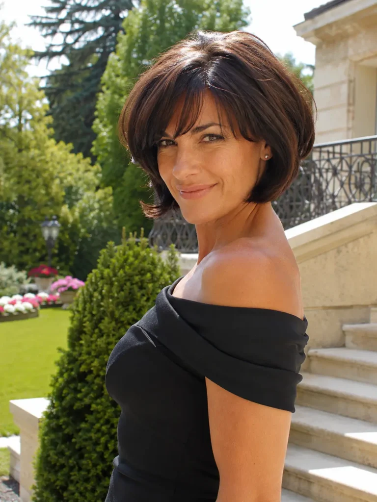 woman aged 30–55 with a voluminous dark brunette bob haircut and soft bangs, standing in a luxury garden beside elegant stone steps. Her glossy hair has natural shine and fullness, with the hairstyle prominently displayed from a slight side angle