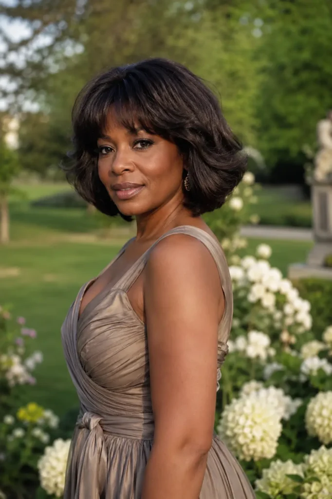 Black woman aged 30–55 with a voluminous dark brunette bob haircut and soft bangs, standing in an outdoor garden. Her glossy hair frames her face with natural volume and shine. She wears an elegant dress and has realistic skin texture and natural makeup