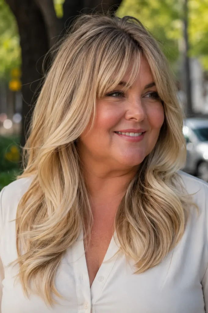 Plus-size English woman with a voluminous layered haircut and curtain bangs, featuring creamy blonde balayage and healthy, shiny hair.