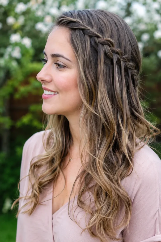 woman with a waterfall braid and soft wavy light brown hair featuring subtle highlights, photographed outdoors in a garden with natural daylight. She wears an elegant blush blouse and has natural facial features with realistic skin texture,