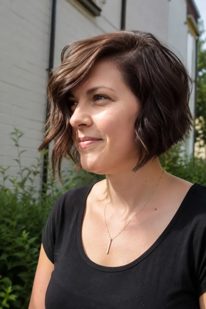 English woman with a round face and wavy asymmetrical pixie bob haircut, featuring soft textured waves and a side-swept fringe