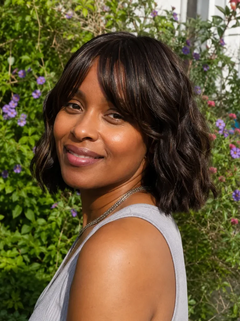 Black woman with a wavy bob hairstyle and curtain bangs, featuring dark brown hair with subtle highlights, photographed outdoors in a lush garden. The shoulder-length bob frames her face with soft waves, while natural makeup and realistic skin texture create an authentic