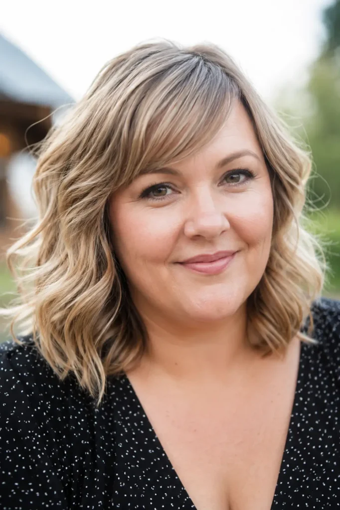 Plus-size English woman with a wavy lob haircut and side-swept bangs, featuring sandy blonde hair with soft natural waves and healthy shine