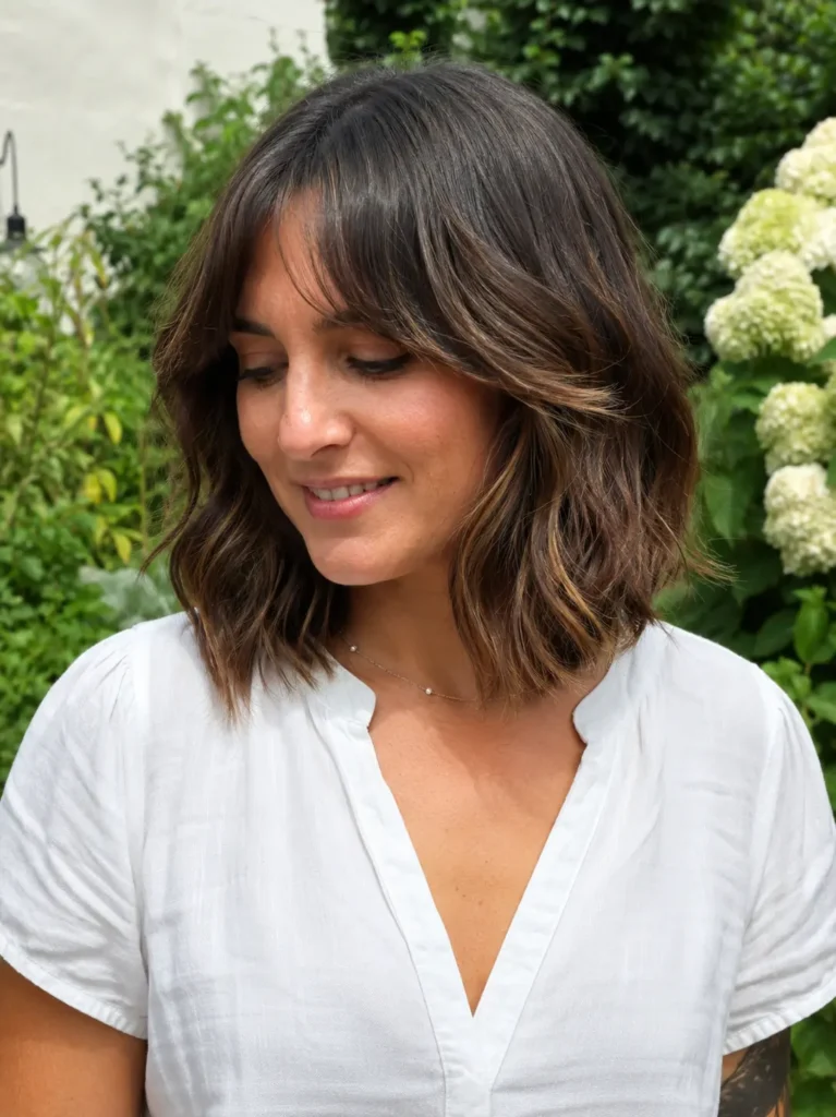 woman with a wavy lob hairstyle and soft curtain bangs, dark brown hair with subtle highlights, standing in a lush outdoor garden
