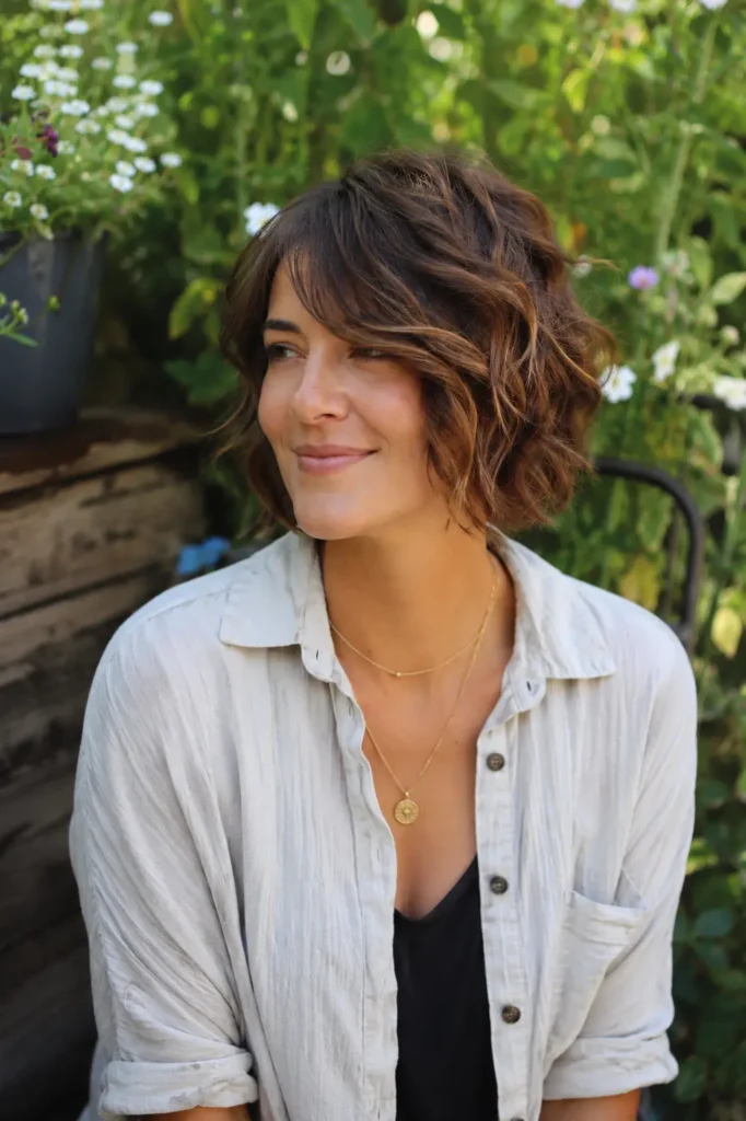 woman aged 25–45 with a wavy pixie bob haircut and long side-swept bangs, rich brown hair with subtle caramel highlights, natural skin texture, and a soft smile. She wears a stylish casual outfit and sits in a lush outdoor garden surrounded by greenery and flowers