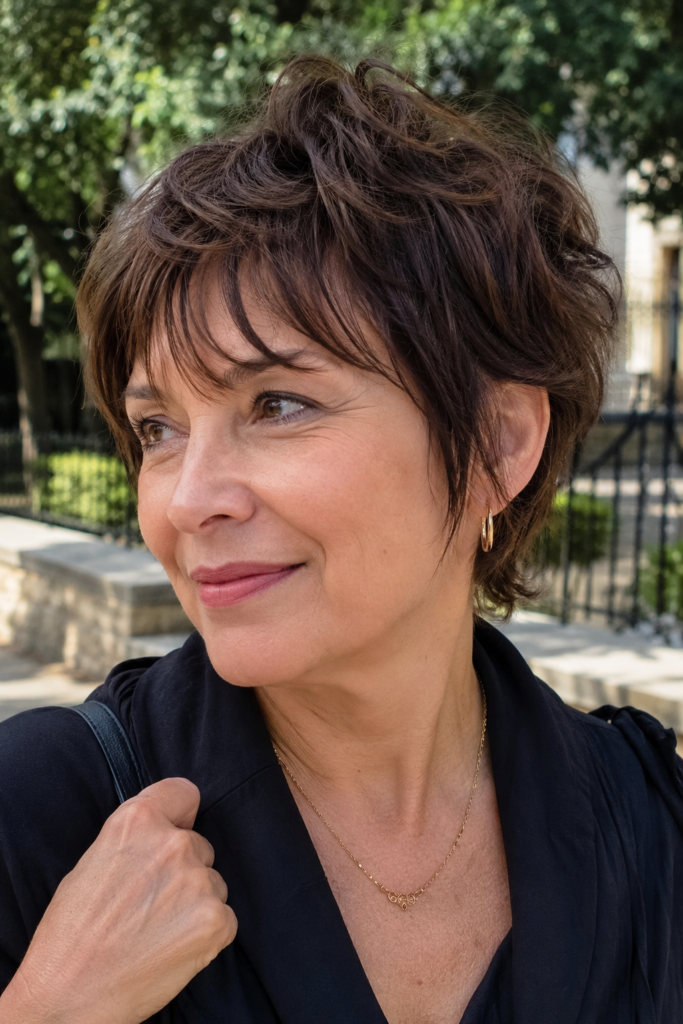 Close-up portrait of a real woman over 40 with a wispy pixie haircut featuring soft feathered bangs and textured layers. Her realistic brunette hair has natural volume and movement, highlighted by outdoor daylight