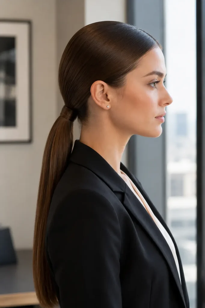 a white woman shown in side profile with a precise middle part, glossy smooth hair, and a polished black blazer in a bright modern office setting.