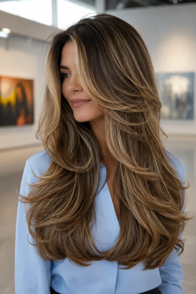 a white woman with long butterfly layers, a medium brunette base, and bright honey-blonde money piece highlights framing her face, wearing a pale blue tailored shirt in a softly blurred contemporary art gallery with realistic, voluminous hair as the main focus.