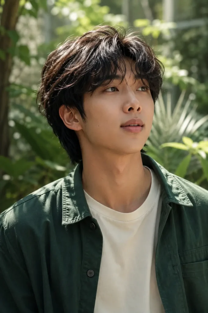 a young man with an RM-inspired tousled medium-length dark brown haircut, wearing a forest-green overshirt over a cream T-shirt,