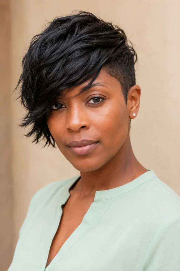 Black British woman with an asymmetrical pixie haircut, featuring one closely cropped side and a longer textured fringe sweeping toward her cheekbone. Both eyes are visible, with detailed hair strands, healthy shine, minimal makeup, a pastel-green blouse, bright natural daylight, and a soft beige background.