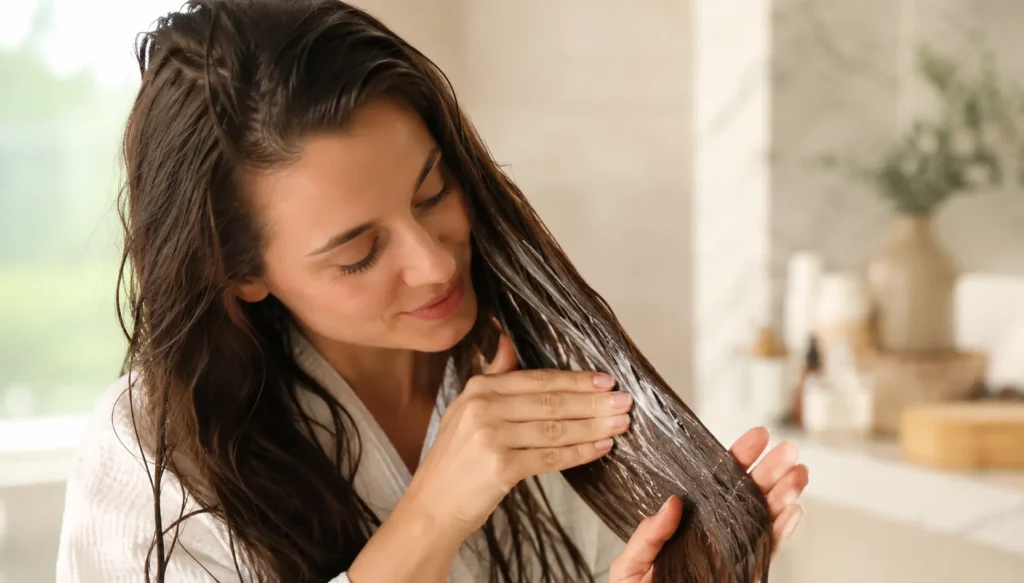 a woman applying a nourishing hair repair treatment to long damp hair in a bright bathroom, focusing on restoring shine, moisture, and healthy-looking strands.