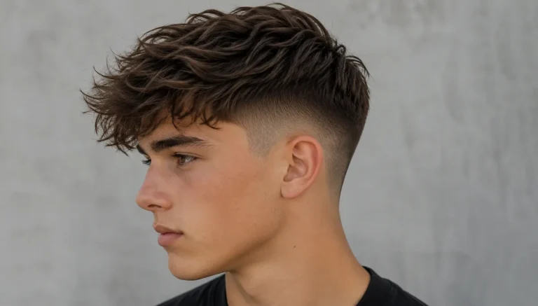 Teen boy with a modern textured crop fade haircut featuring voluminous layers on top and clean faded sides.