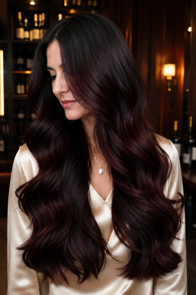 white woman with extremely long black cherry hair featuring a near-black brunette base and rich burgundy cherry-red reflections, styled in sleek glossy waves. She wears a modest pale gold satin blouse in an elegant wine-inspired interior