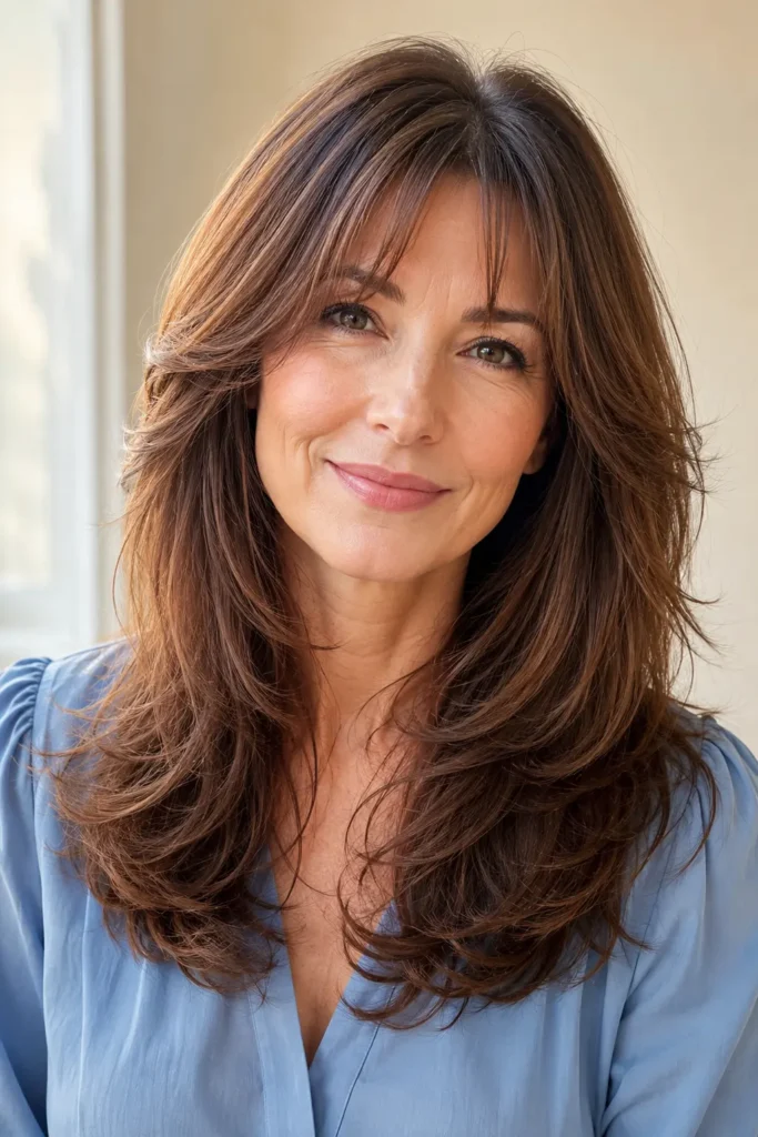 woman with a medium butterfly haircut, soft curtain bangs, and feathered face-framing layers. Her glossy chestnut hair is illuminated by natural window light, complemented by a dusty-blue blouse and a warm cream background