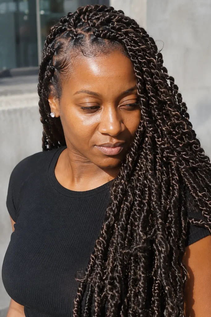 a Black woman wearing long chocolate brown passion twist braids, photographed in bright natural daylight with realistic skin texture and the hairstyle prominently in focus.