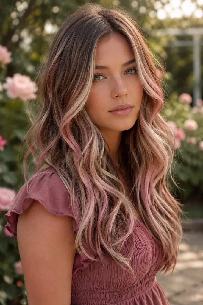 Long layered beach waves with muted chocolate brown, creamy vanilla blonde, and soft blush-pink balayage ribbons frame a young woman in a dusty rose top, photographed in a dreamy flower garden with natural morning light.