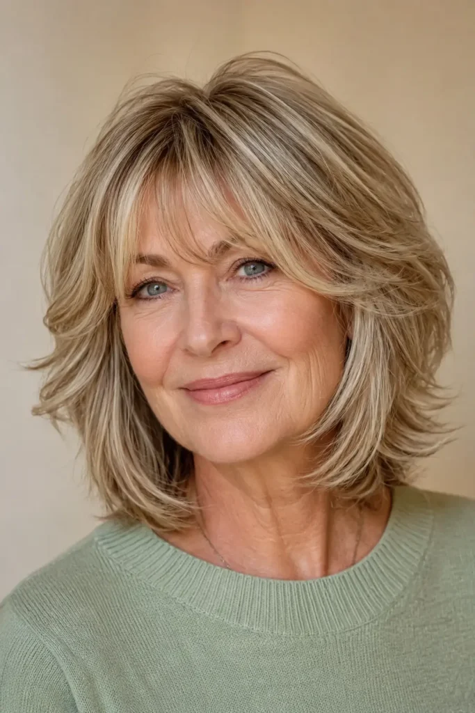 a woman in her early 60s with a textured layered bob and soft curtain bangs, showcasing feathered layers with natural volume and healthy shine. She wears a sage green sweater against a soft beige background, with bright natural lighting highlighting her salon-quality haircut and authentic mature skin.